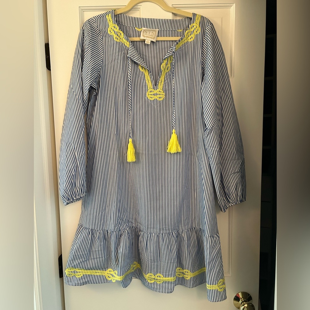 Sail to Sable blue and white stripe dress with dropped waist and yellow trim; M - Picture 1 of 3